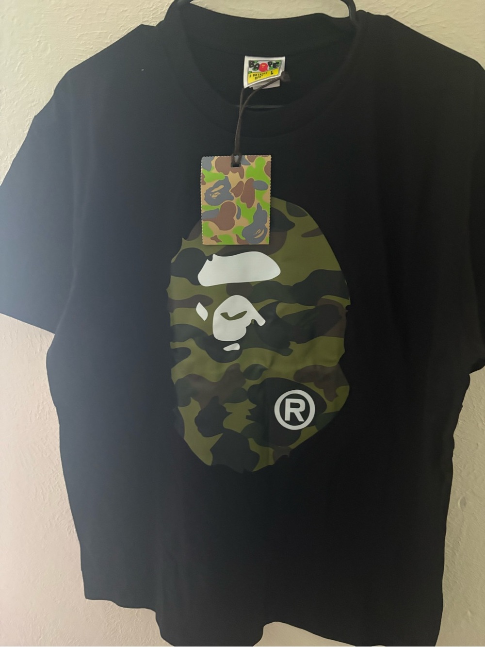 Bape Black T-Shirt with Green Camo Ape Head Graphic
